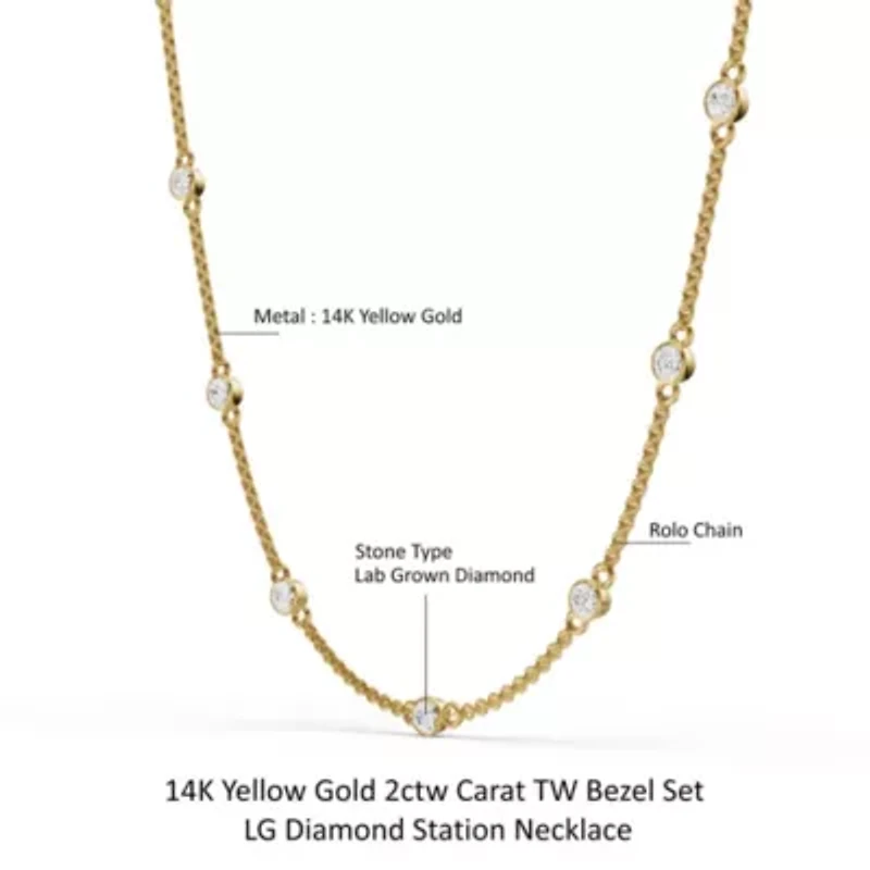 Lab Created 14K Yellow Gold 2Ct Carat TW Bezel Set Lab Grown Diamond Station Necklace 18"