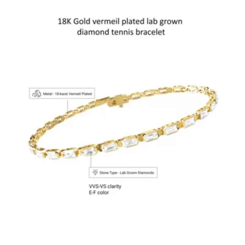 Lab Created 18k Vermeil Plated Silver 3.25 ct Radiant Cut Lab Grown Diamond tennis Bracelet 7"