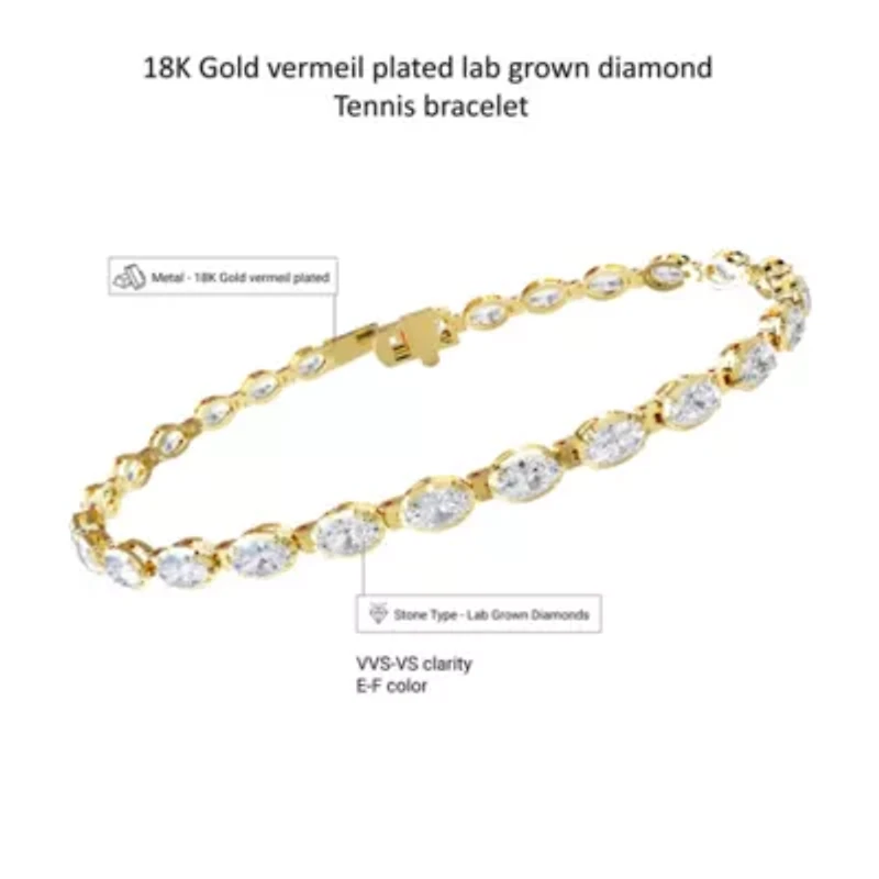 Lab Created 18k Vermeil Plated Silver 4.8 ct Oval Cut Lab Grown Diamond Tennis Bracelet 7"