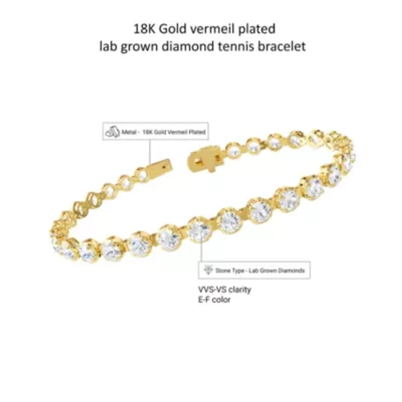 Lab Created 18k Vermeil Plated Silver 7.5 ct Round Lab Grown Diamond bracelet 7"