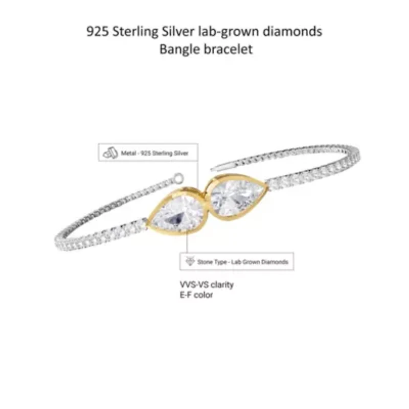 Lab Created Sterling Silver Two-tone 3.9 Ct Pear Cut Lab Grown Diamond Bangle Bracelet 7"