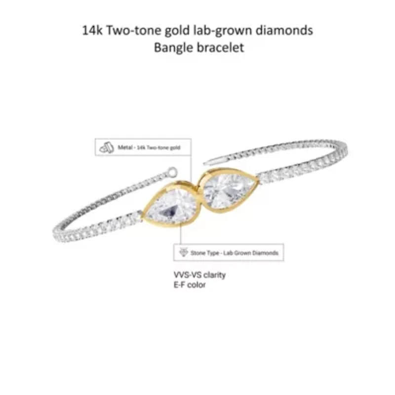 Lab Created 14k Two-tone Gold 3.8 Ct Pear Shape Lab Grown Diamond Bangle Bracelet 7"