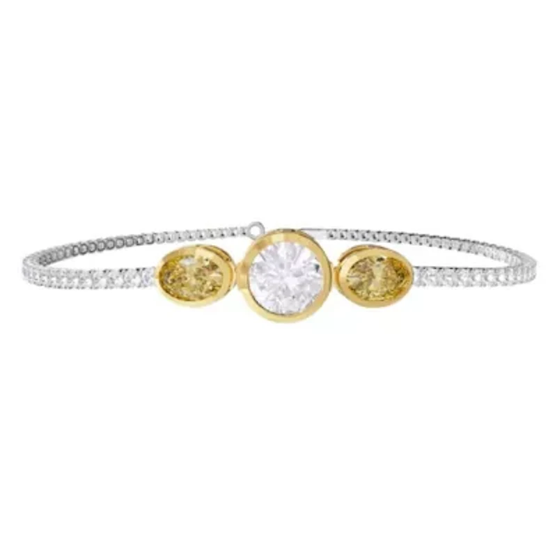 Lab Created 14k Two-tone Gold 4 Ct Round & Oval Cut White & Yellow Lab Grown Diamond Bangle Bracelet 7"
