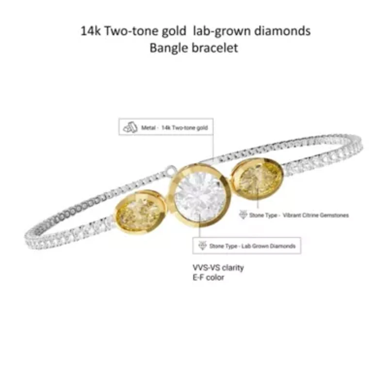 Lab Created 14k Two-tone Gold 4 Ct Round & Oval Cut White & Yellow Lab Grown Diamond Bangle Bracelet 7"