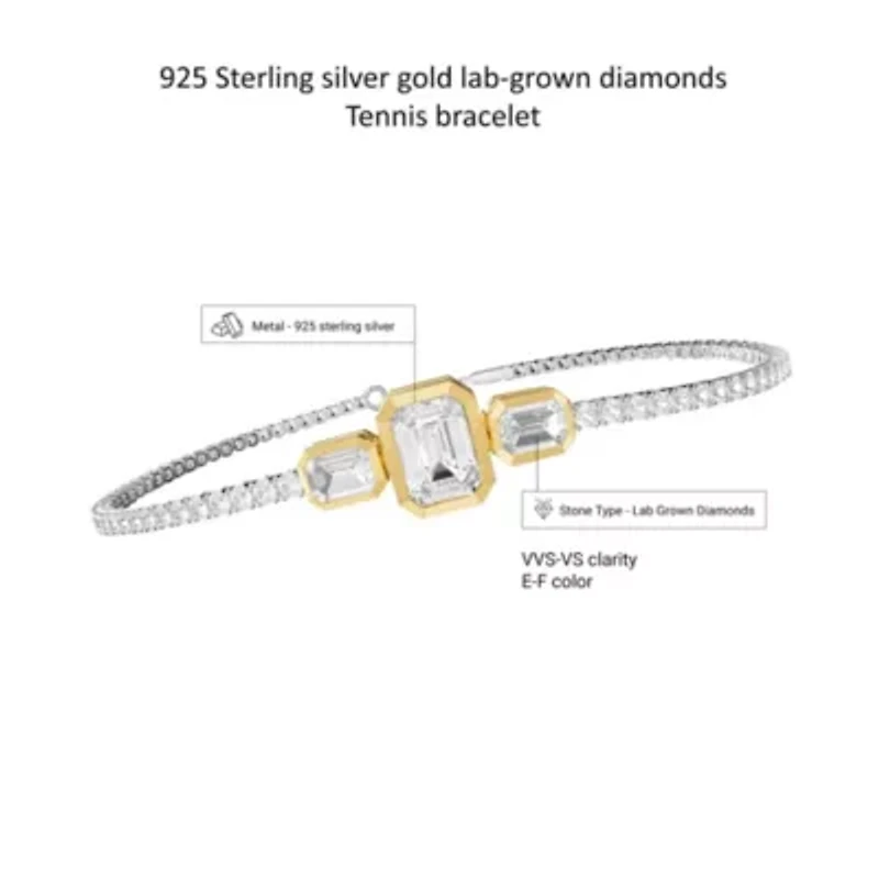 Lab Created Sterling Silver Two-tone 5 Ct Radiant Cut Lab Grown Diamond Tennis Bracelet 7"