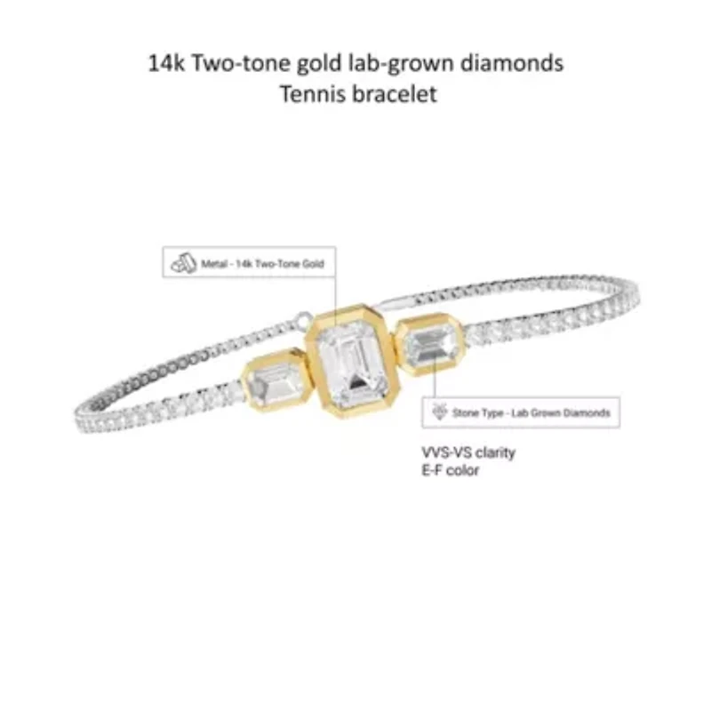 Lab Created 14k Two-tone Gold 5 Radiant Cut Lab Grown Diamond Tennis Bracelet 7"