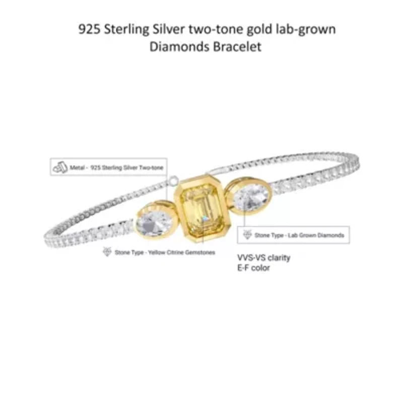 Lab Created Sterling Silver Two-tone 4.8 Ct Radiant Cut Yellow & White Lab Grown Diamond Bracelet 7"