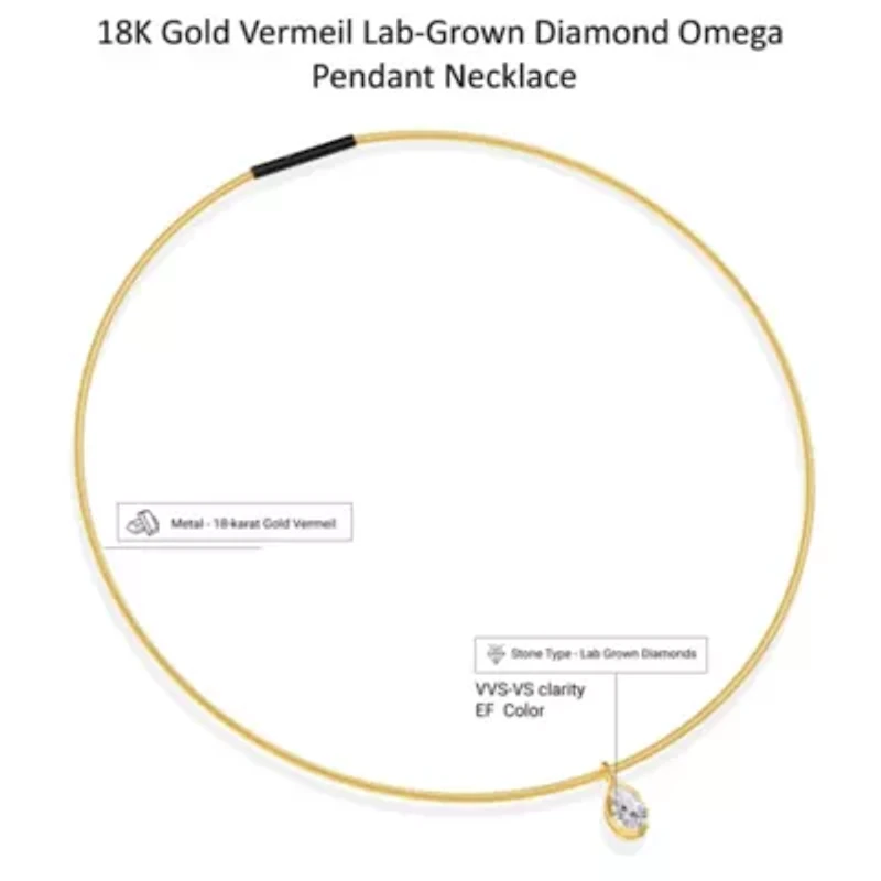 Lab Created 18k Vermeil Plated Silver1.30 Ct Pear Cut Lab Grown Diamond Pendant Necklace 18"