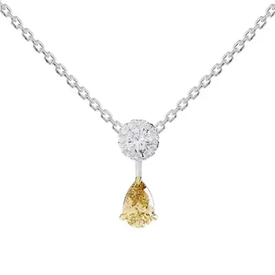 Lab Created Sterling Silver Two-tone 1.30 Ct Round & Pear Cut White & Yellow Lab Grown Diamond Pendant Necklace 18"