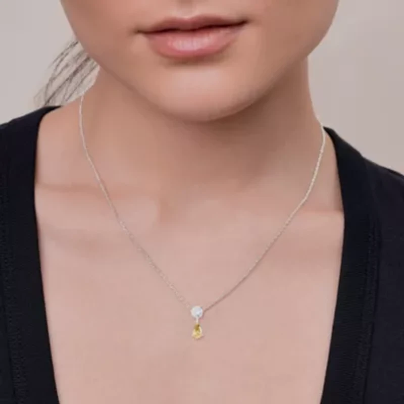 Lab Created Sterling Silver Two-tone 1.30 Ct Round & Pear Cut White & Yellow Lab Grown Diamond Pendant Necklace 18"