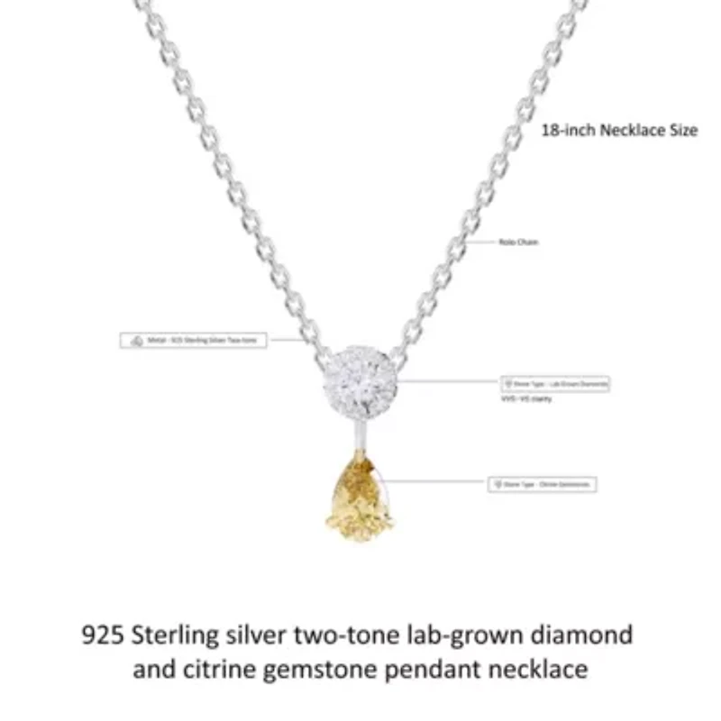 Lab Created Sterling Silver Two-tone 1.30 Ct Round & Pear Cut White & Yellow Lab Grown Diamond Pendant Necklace 18"