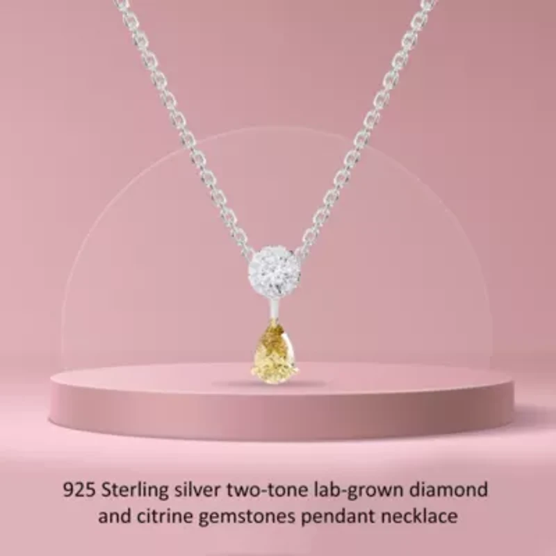 Lab Created Sterling Silver Two-tone 1.30 Ct Round & Pear Cut White & Yellow Lab Grown Diamond Pendant Necklace 18"