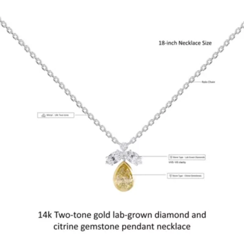 Lab Created 14k Two-tone Gold 1.4 Ct Pear Cut White & Yellow Lab Grown Diamond Pendant Necklace 18"
