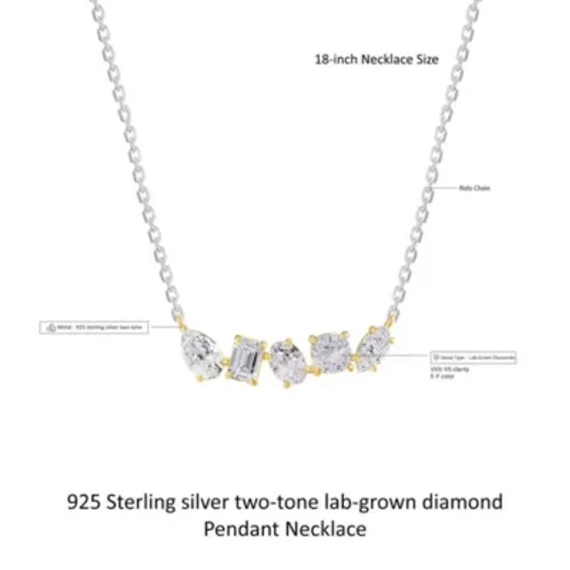 Lab Created Sterling Silver Two-tone 2 Ct Multi Shape Lab Grown Diamond Pendant Necklace 18"
