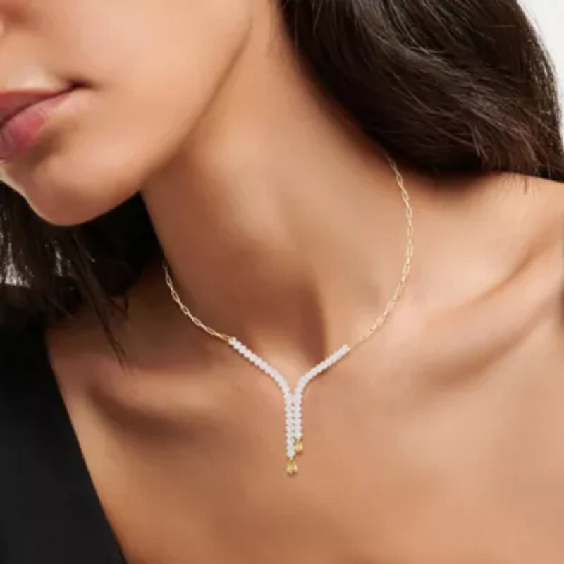 Lab Created Sterling Silver Two-tone 4.15 Ct Pear Cut White & Yellow Lab Grown Diamond Drop Necklace 18"
