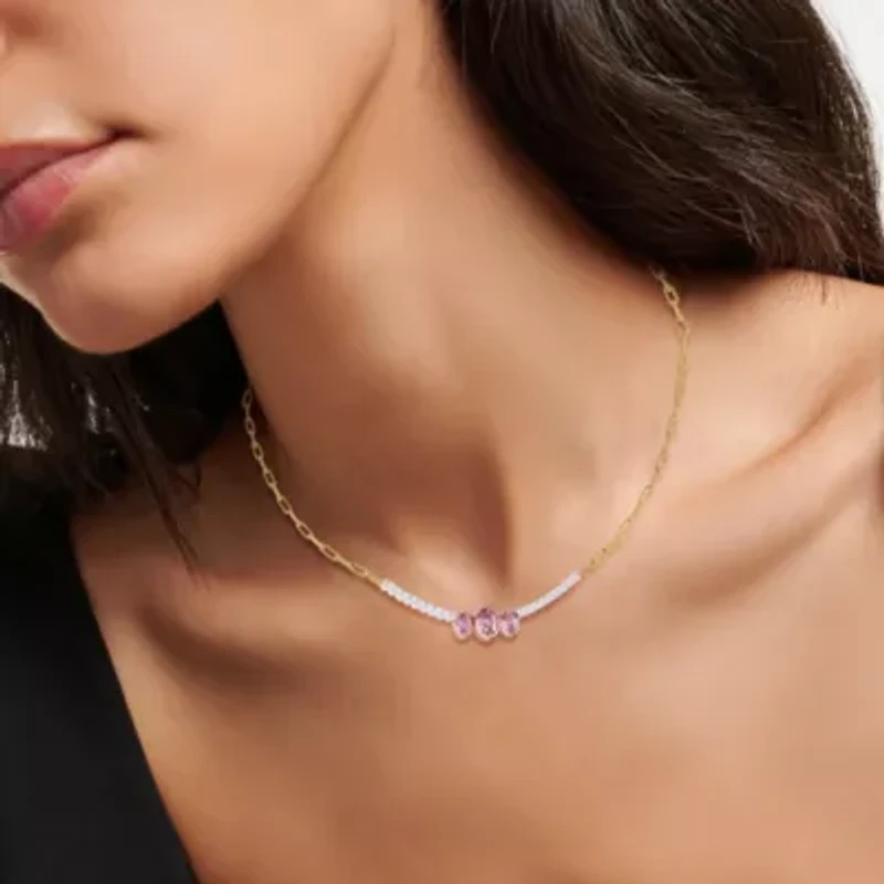 Lab Created Sterling Silver Two-tone 4.5 Ct Round & Oval Cut White & Pink Lab Grown Diamond Necklace 18"