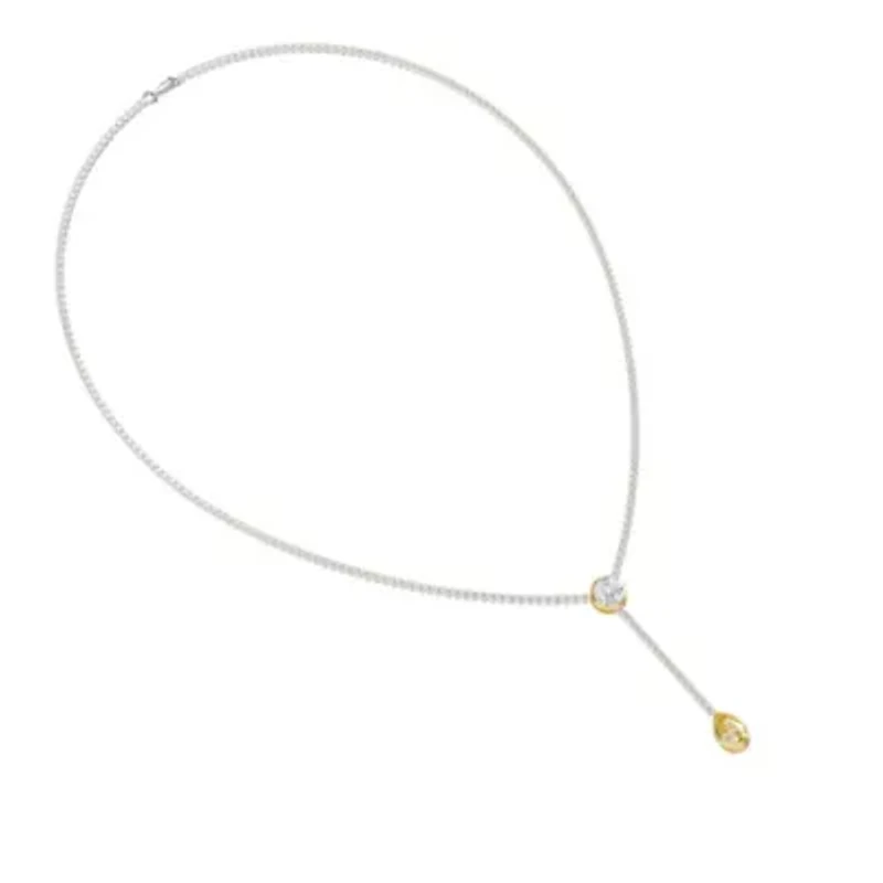 Lab Created Sterling Silver Two-tone 7 Ct Round & Pear Lab Grown Diamond Drop Necklace 18"
