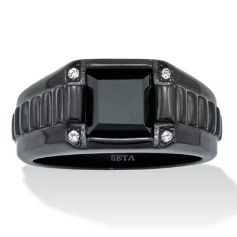 Men's Simulated Black Agate and Crystal Ion-Plated Stainless Steel Ring