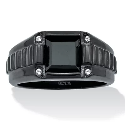 Men's Simulated Black Agate and Crystal Ion-Plated Stainless Steel Ring