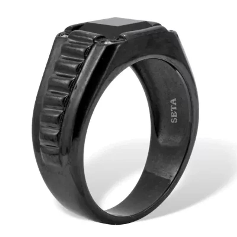 Men's Simulated Black Agate and Crystal Ion-Plated Stainless Steel Ring