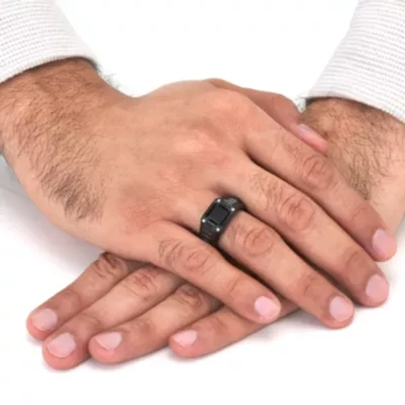 Men's Simulated Black Agate and Crystal Ion-Plated Stainless Steel Ring