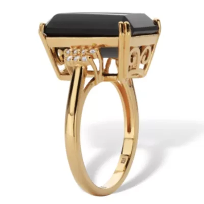 .42 Cttw. Emerald Cut Black Onyx and White Topaz 18k Gold-Plated Silver Ring