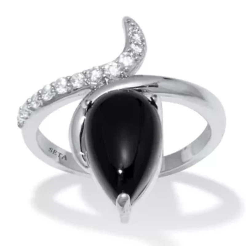 Teardrop Genuine Onyx and Cubic Zirconia Silvertone Ring