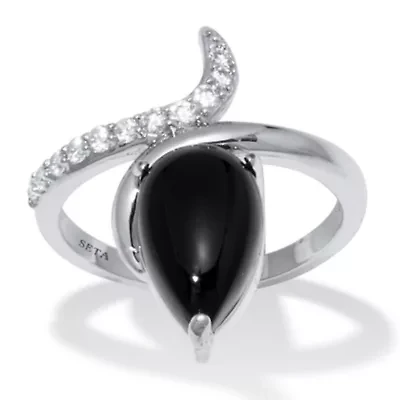 Teardrop Genuine Onyx and Cubic Zirconia Silvertone Ring
