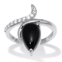 Teardrop Genuine Onyx and Cubic Zirconia Silvertone Ring