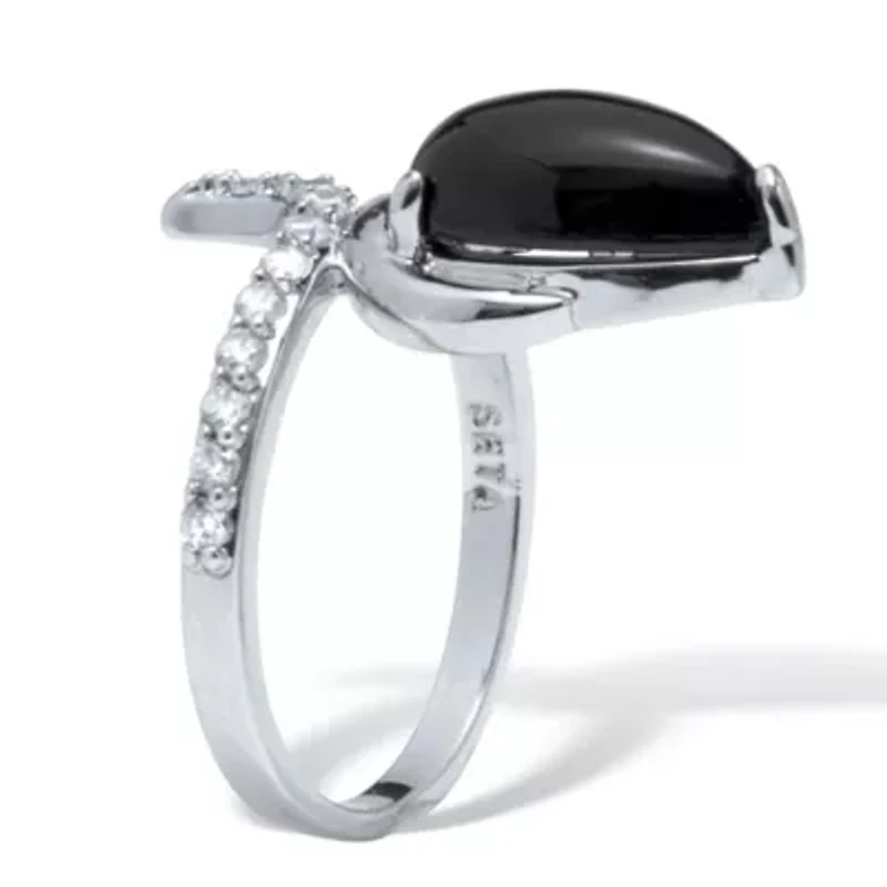 Teardrop Genuine Onyx and Cubic Zirconia Silvertone Ring
