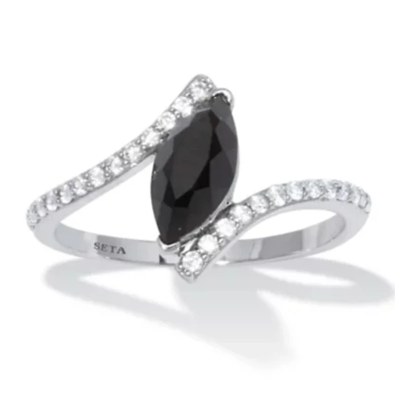 Marquise Genuine Onyx and Cubic Zirconia Silvertone Ring