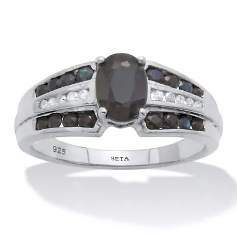 1.49 TCW Sapphire and Diamond Platinum-Plated Sterling Silver Ring