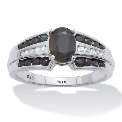1.49 TCW Sapphire and Diamond Platinum-Plated Sterling Silver Ring