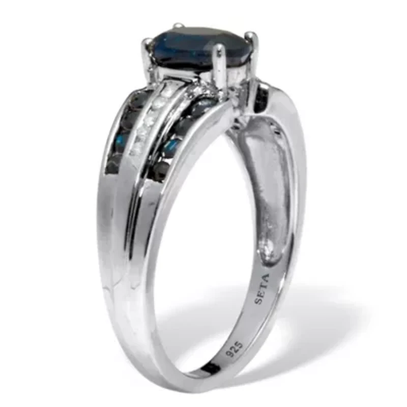 1.49 TCW Sapphire and Diamond Platinum-Plated Sterling Silver Ring