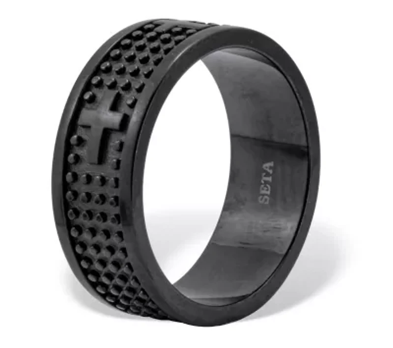 Men's Black Ion-Plated Stainless Steel Cross Ring