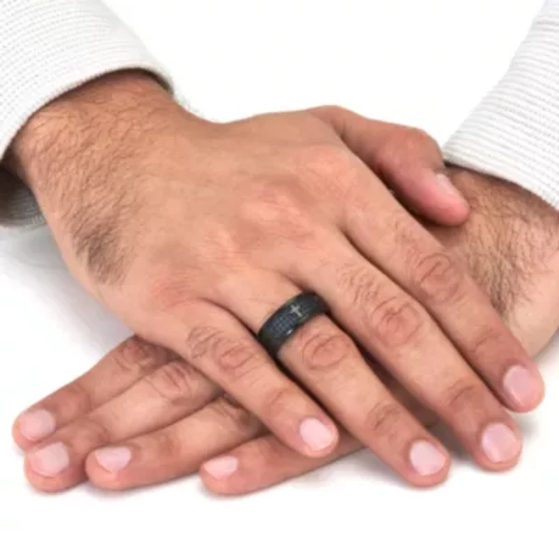 Men's Black Ion-Plated Stainless Steel Cross Ring