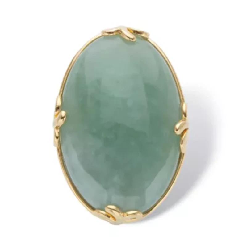 Genuine Green Jade 18k Gold-Plated Oval Cabochon Cocktail Ring