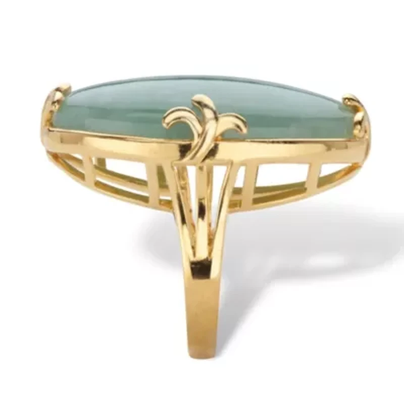 Genuine Green Jade 18k Gold-Plated Oval Cabochon Cocktail Ring