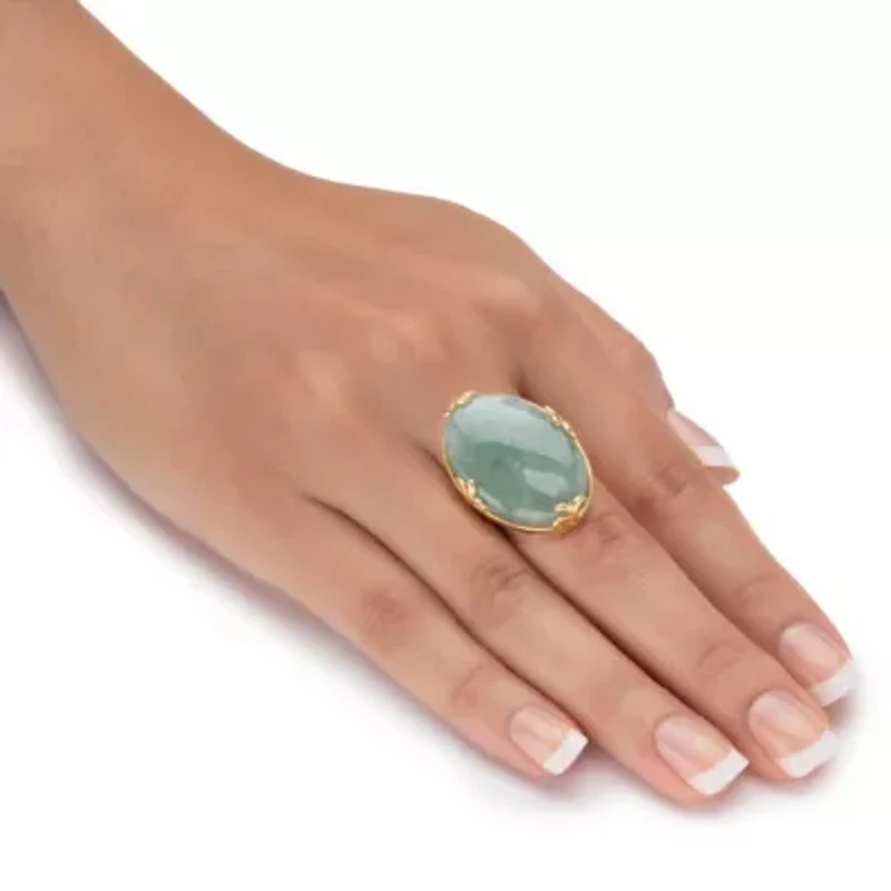 Genuine Green Jade 18k Gold-Plated Oval Cabochon Cocktail Ring