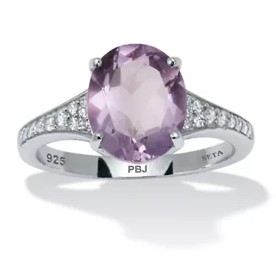 3.40 TCW Oval Genuine Purple Amethyst and Cubic Zirconia Sterling Silver Ring