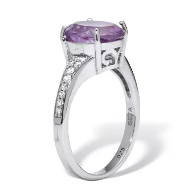 3.40 TCW Oval Genuine Purple Amethyst and Cubic Zirconia Sterling Silver Ring