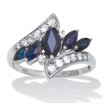 3.73 TCW Marquise Sapphire and White Topaz Platinum-Plated Sterling Silver Ring