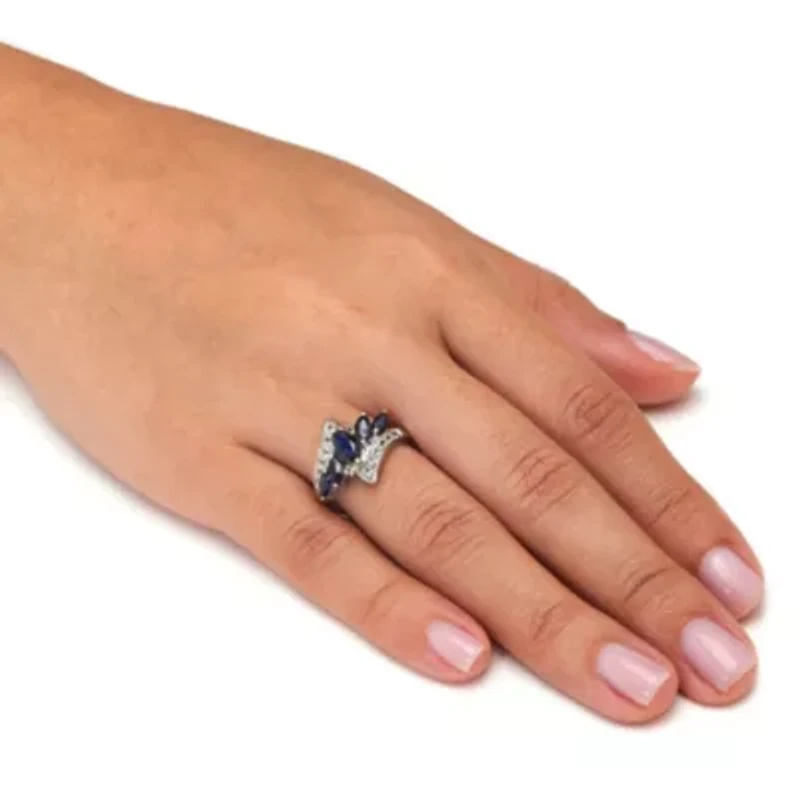 3.73 TCW Marquise Sapphire and White Topaz Platinum-Plated Sterling Silver Ring