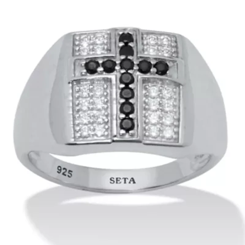 .22 TCW Men's Round Black Spinel and CZ Sterling Silver Cross Ring