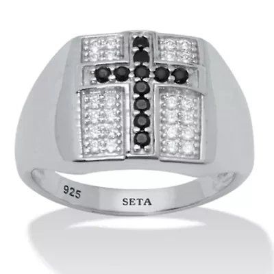 .22 TCW Men's Round Black Spinel and CZ Sterling Silver Cross Ring