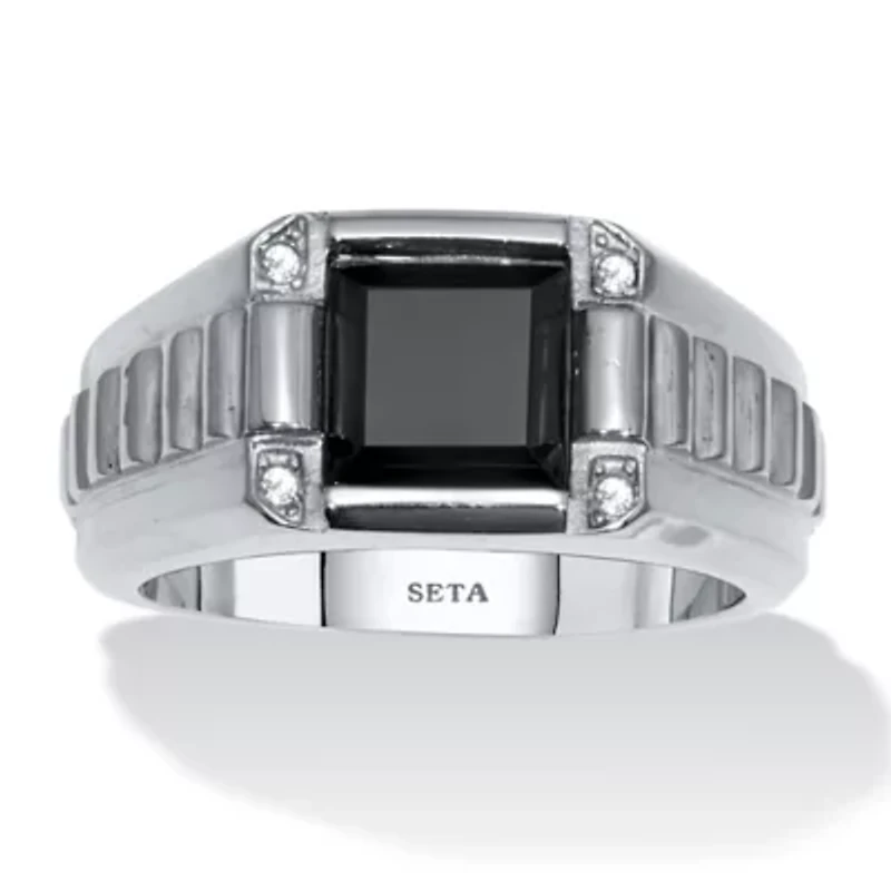 Men's Square Cut Simulated Black Agate and Crystal Stainless Steel Ring