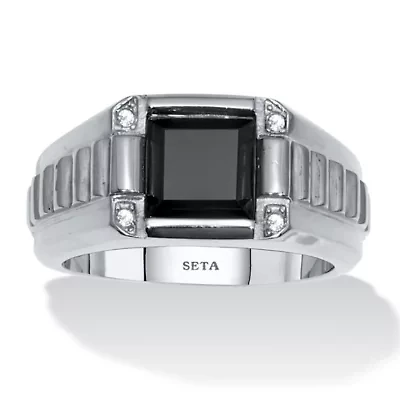 Men's Square Cut Simulated Black Agate and Crystal Stainless Steel Ring