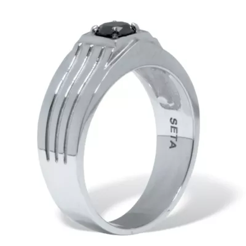 Men's Square Cut Simulated Black Agate and Crystal Stainless Steel Ring
