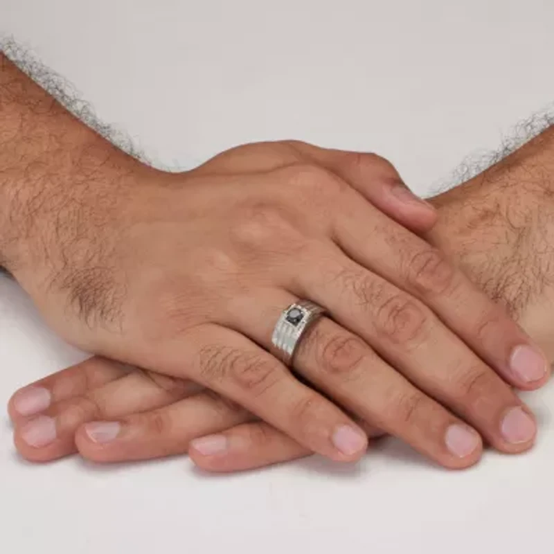 Men's Square Cut Simulated Black Agate and Crystal Stainless Steel Ring