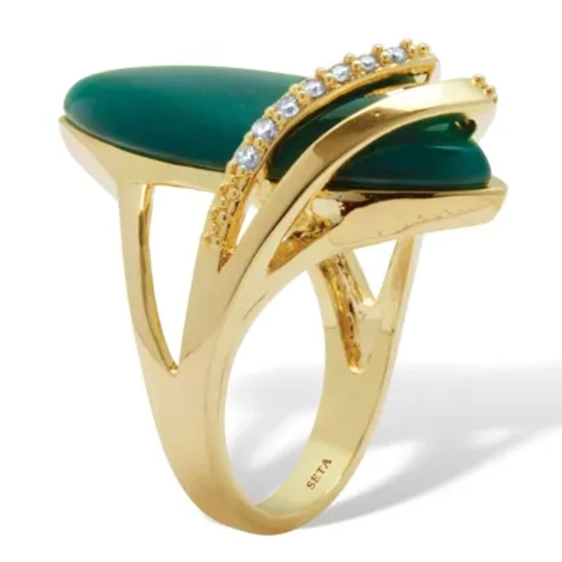 .16 TCW Genuine Green Agate and Cubic Zirconia Yellow Gold-Plated Marquise Ring